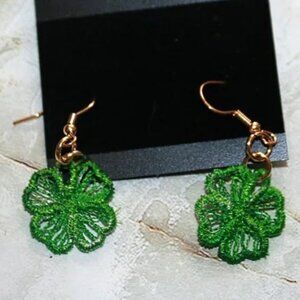HANDMADE Earrings Shamrock Embroidered Lace Pierced St. Patrick's Day Green